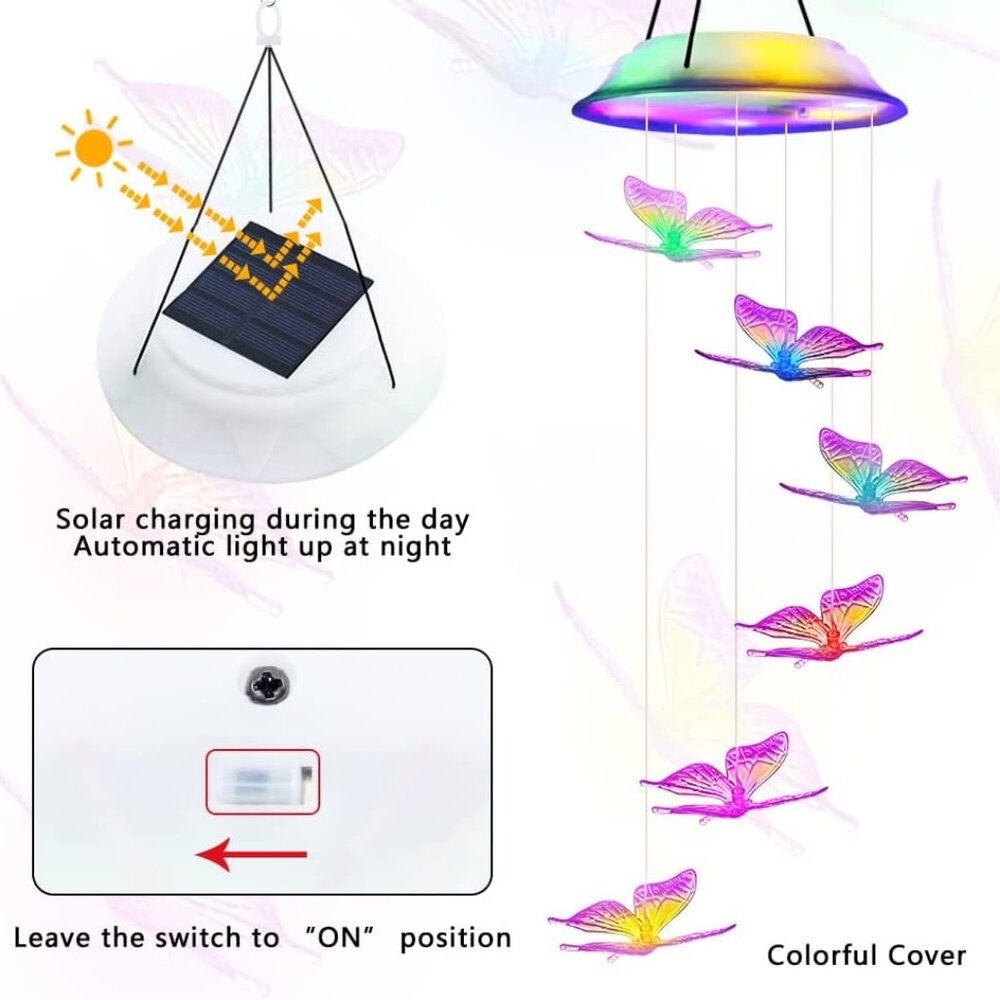 Solar Butterfly Wind Chimes, Color Changing Solar Wind Chimes For Outside, Led W View 3
